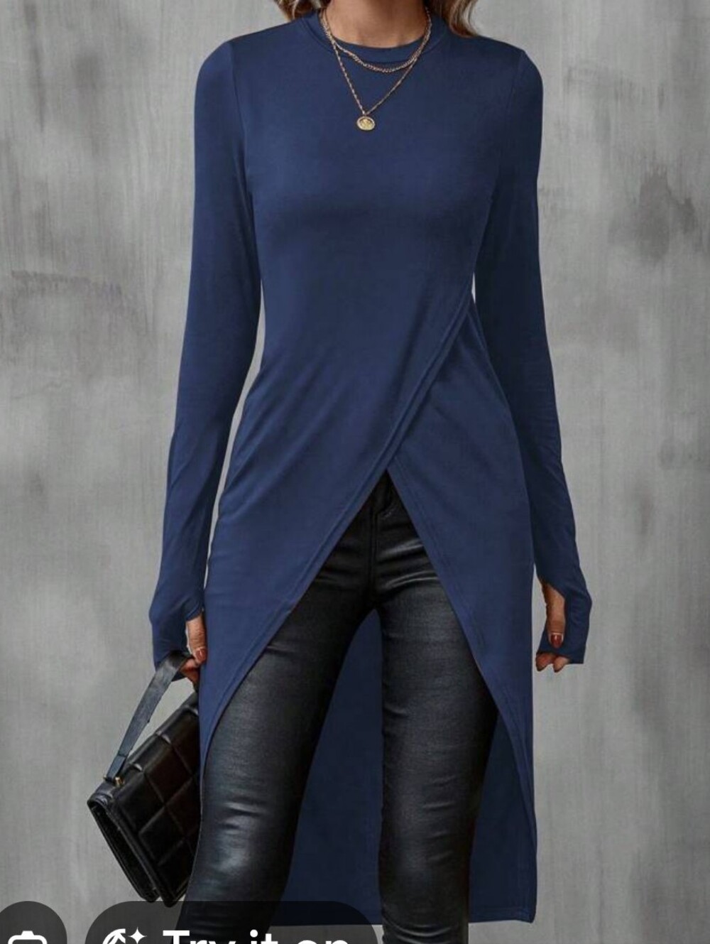 Navy Long Sleeve Asymmetric Split Tunic Top